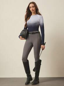 SHEIN With My Calm 1pc Women's Equestrian Wear, Outdoor Round Neck Seamless Knit Tight Fit Riding Long Sleeve Sportswear - Blue and White - View 5