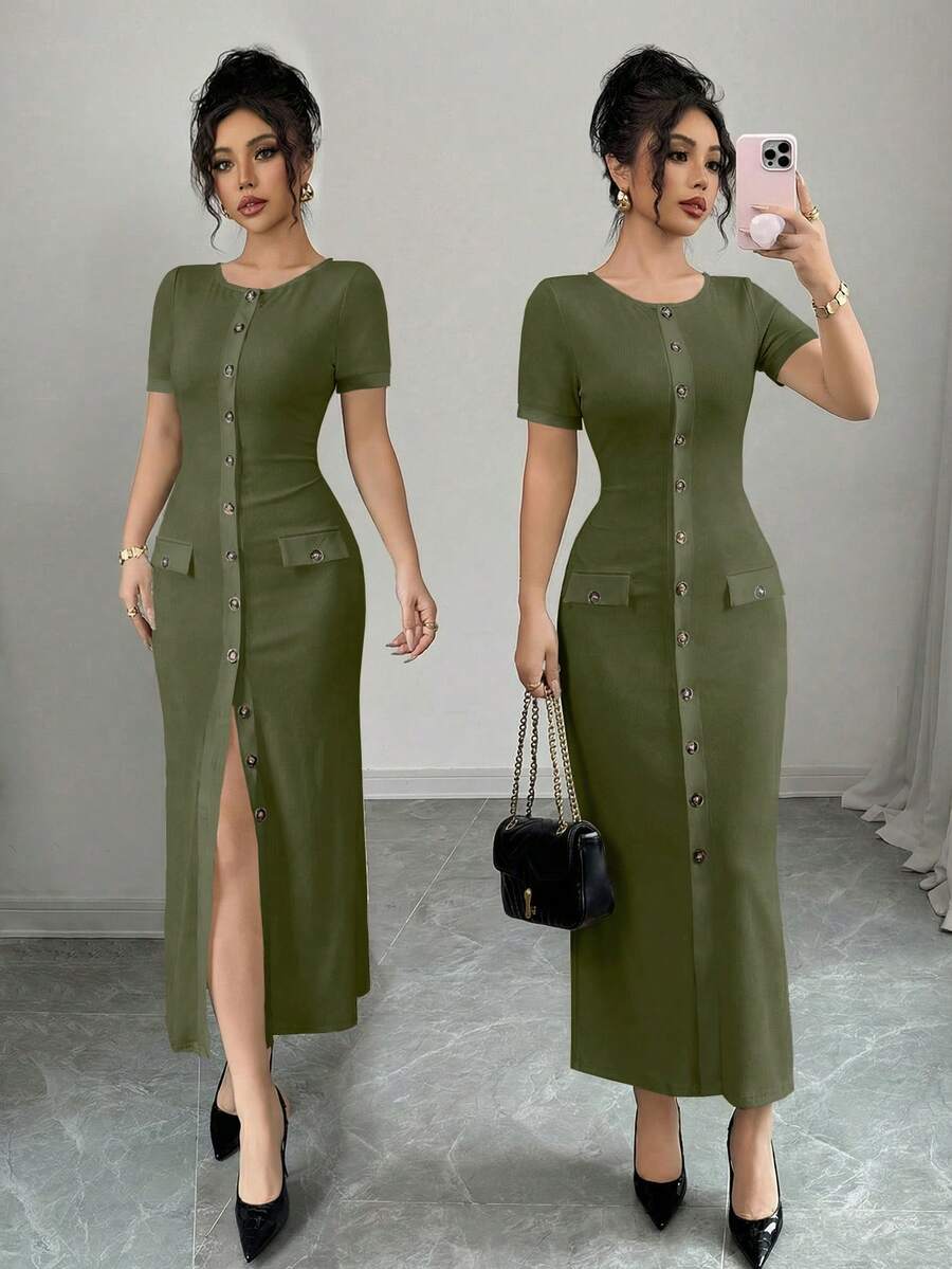 Elenzga Đầm cardigan tay ngắn ôm sát người, kiểu dáng dự tiệc mùa xuân/hè dành cho nữ, phong cách thành thị, sang trọng, thời trang Pháp, ngọt ngào, gợi cảm, thích hợp mặc hàng ngày. Đầm maxi dệt kim cổ tròn cài nút phối màu đen trắng tương phản, thích hợp cho kỳ nghỉ. - xanh quân đội - Xem 1