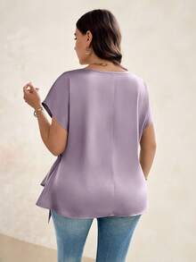 SHEIN Clasi 大码优雅简约通勤侧系带蝙蝠袖衬衫，夏季 - 紫丁香色 - 查看 2