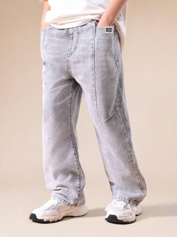 라이트 워싱 와이드 레그 데님 진 (카고 포켓 포함)