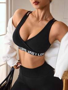 Slayform Áo ngực thể thao nữ in chữ jacquard, lưng chéo, thích hợp mặc hàng ngày. - màu đen - Xem 1