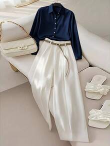 Franclia Women's Elegant Solid Color Single-Breasted Shirt And Pants 2 Pieces Set - Multicolor - View 5