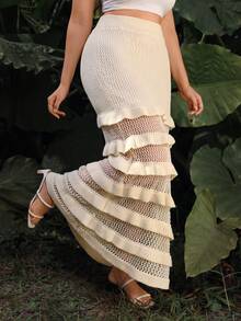 Juhart 乳白色多层荷叶边镂空针织半身裙，层叠荷叶边带来活力与青春气息，小巧精致，是约会和通勤的理想之选，轻松成为人群焦点。 - 杏色 - 查看 1