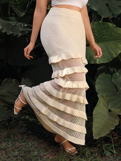 Juhart Milky White Multi-Layer Ruffled Hollow Out Knit Skirt, Layered Ruffles Bring Vitality And Youthfulness, Niche Yet Sophisticated, Ideal For Dates And Commuting, Easily Become The Focus In The Crowd