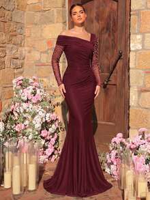 Glamrae Elegant Luxurious Pearl & Rhinestone Mesh Splice Ruched Fishtail Dress, Suitable For Weddings, Parties, Vacations, Galas, Evening Formal Occasions - Burgundy - View 2