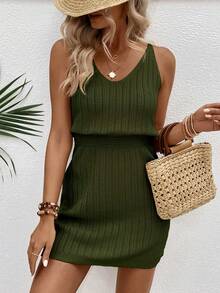 EMERY ROSE Fashionable Versatile Hollow Crochet V-Neck Women Sweater Dress - Army Green - View 3