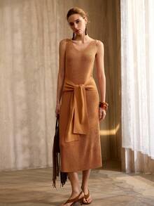 MOTF PREMIUM Đầm len không tay cổ chữ V, thắt eo, kiểu dáng cổ điển, mùa xuân/hè. - trái cam - Xem 6