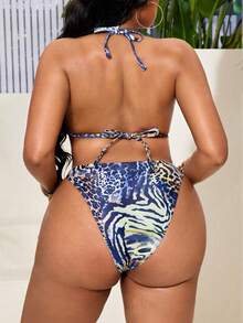 Slaydiva Ensemble de maillot de bain 3 pièces pour femmes grandes tailles : Top de bikini à col ras-du-cou imprimé léopard avec bonnets triangulaires et bretelles nouées, assorti à un bas triangle et une cache-maillot en maille à manches longues avec cordon de serrage - Multicolore - Voir 3