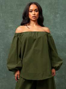 Vixey Top oversize de manga larga con hombros descubiertos y elástico - Verde Oliva - Ver 2