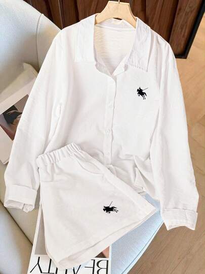 Two Pieces Set Of Youth Sports Leisure Simple Lazy Versatile Style Small Horse Print White Shirt Jacket High Waist Elastic Waist Wide Leg Shorts Set Suitable For Daily Wear Or Sports Summer