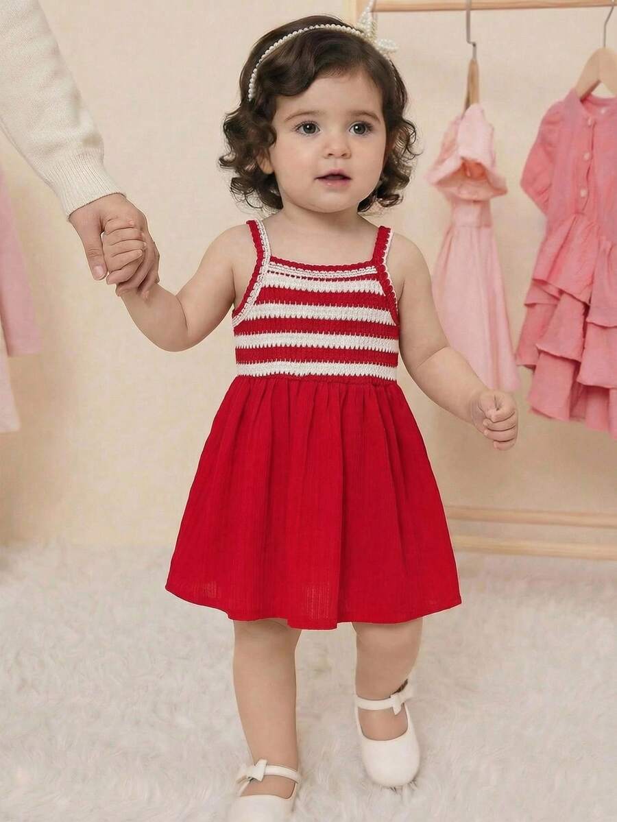 SHEIN Playful Pals 女嬰細肩帶A字裙 紅白條紋 夏季可愛派對裝扮 簡約優雅 寬鬆版型 海灘度假休閒夏日洋裝 - 紅色 - 查看 1