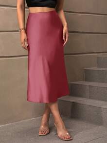 SHEIN PETITE CURVE Chân váy chữ A thanh lịch, màu trơn, cỡ lớn, phù hợp cho công sở - Gỗ đỏ - Xem 6