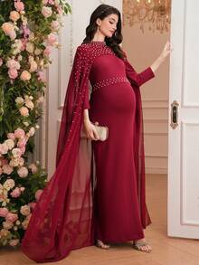 SHEIN Solid Color Beaded Long Shawl Elegant Maternity Dress - Red - View 5