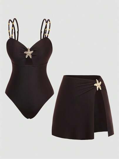 Swim Oasis Elegante traje de baño de una pieza talla grande para mujer, traje de baño de dos piezas elegante para vacaciones en la playa de mujer, traje de baño de una pieza con decoración de cuentas y tirantes ajustables que estilizan, + falda pareo con abertura versátil para vacaciones, traje de baño marrón con estampado de estrella de mar para vacaciones