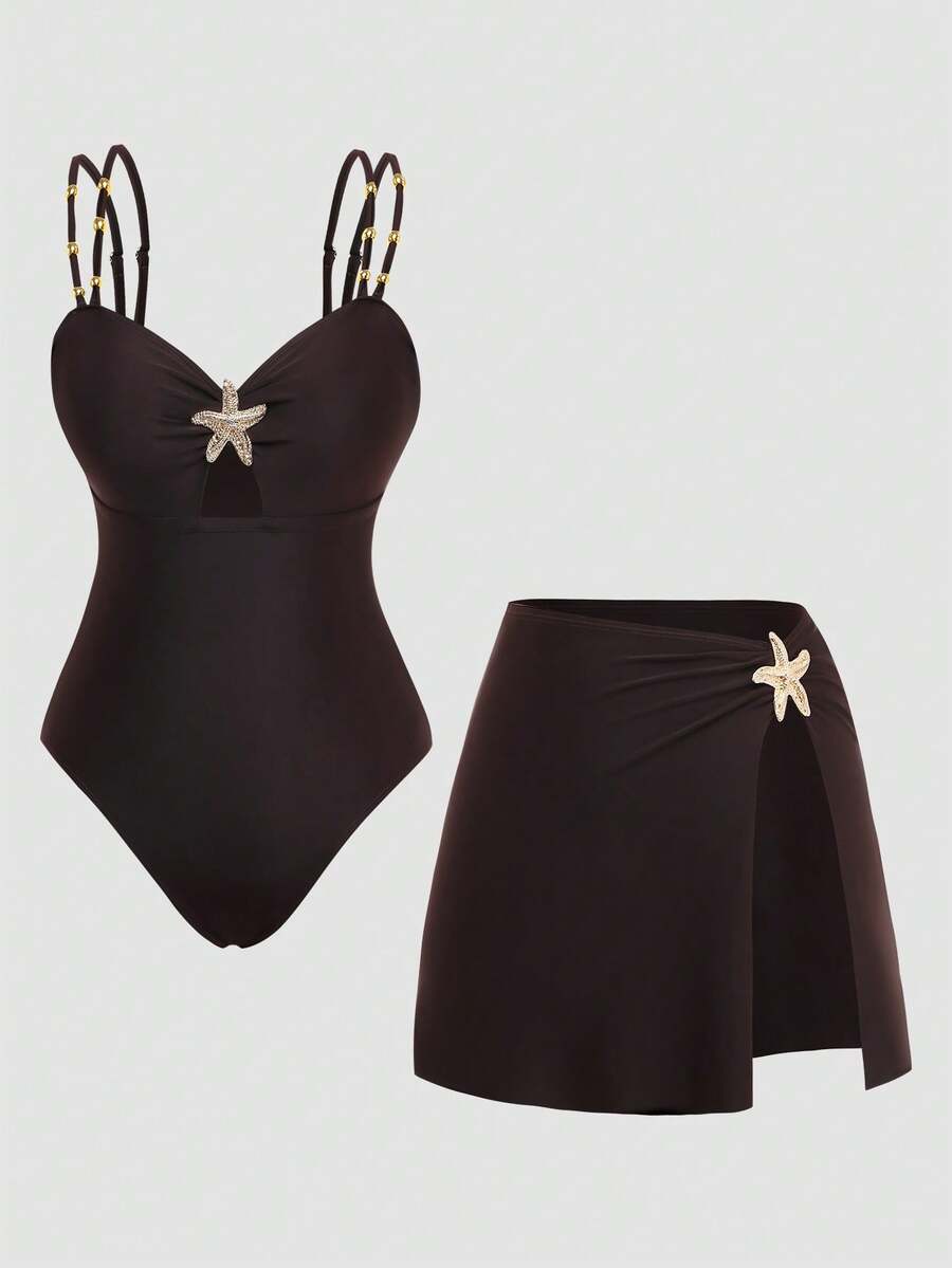 Swim Oasis 优雅加大码女士连体泳衣，沙滩度假女士优雅分体泳衣，串珠装饰可调节肩带修身连体泳衣+度假多功能开衩纱笼裙，棕色海星印花泳衣 - 棕色 - 查看 1