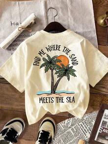 SHEIN LUNE 女士印花T恤，休闲街头风短袖T恤，可爱夏季沙滩T恤，棕榈树印花T恤，夏季T恤，度假衬衫，女士沙滩T恤，夏季印花T恤，棕榈树印花T恤，宽松T恤，热带风情T恤 - 杏色 - 查看 3