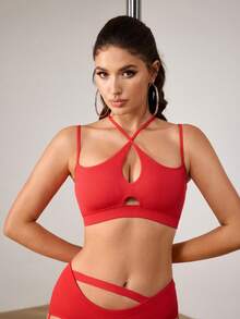 Menodora SHEIN Sport Menodora 女士纯色镂空交叉吊带背心，其他舞蹈服红色运动文胸 - 紅色 - 查看 4