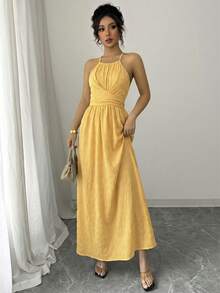 Elenzga Women's Solid Color Spaghetti Strap Cinched Waist A-Line Dress,Textured Fabric,Knee-Length,Yellow,Summer,Tropical,Garden Party,Vacation,Simple Design - Yellow - View 4