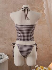 Bellisia Women's Plaid Lace Patchwork Camisole Bikini Top - Brown - View 9