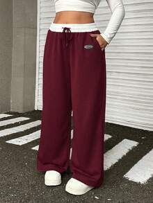 SHEIN EZwear 大码酒红色休闲宽松运动裤 - 酒紅色 - 查看 5