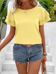 Balvessa Women's Simple Casual Solid Color Round Neck Ruffle Sleeve Blouse, Summer - Light Yellow - View 4
