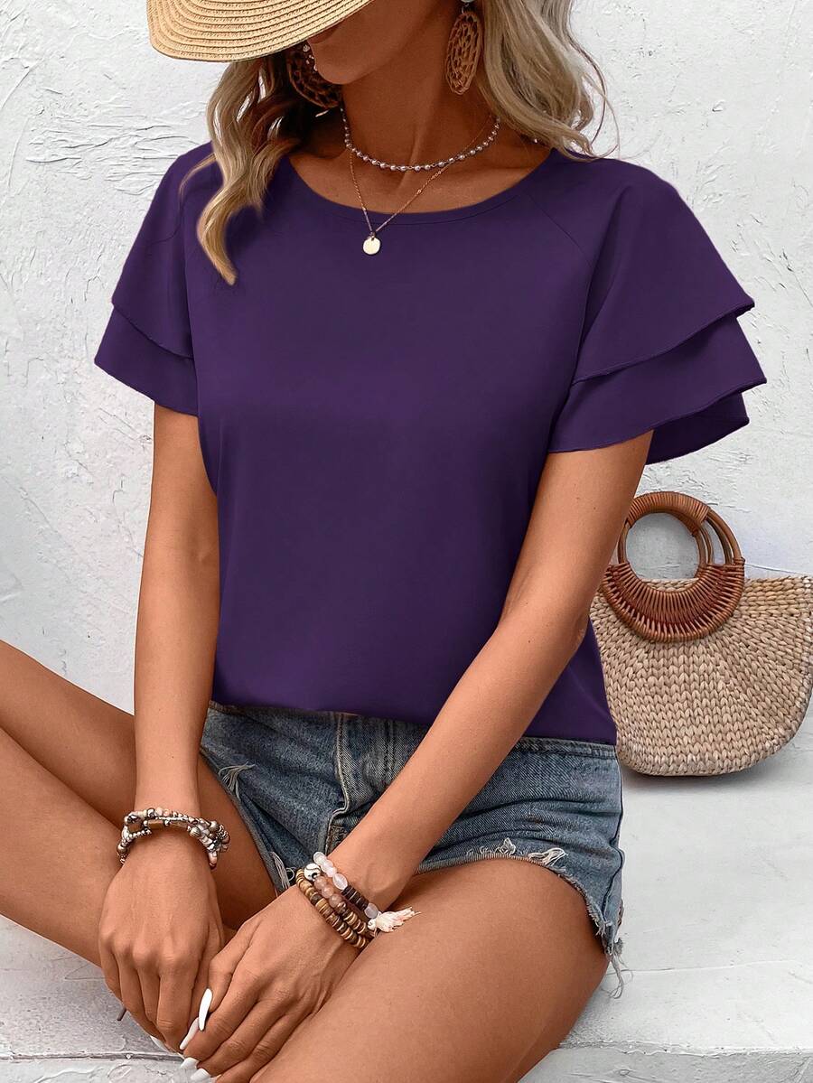 EMERY ROSE Women's Simple Casual Solid Color Round Neck Ruffle Sleeve Blouse, Summer Office Dark Purple - Mauve Purple - View 1