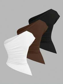 Sweetra 女士优雅露肩褶皱不对称轻盈舒适上衣套装，初秋 - 彩色 - 查看 2