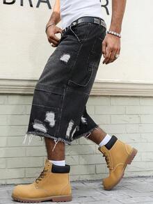 Manfinity EMRG Quần short denim đen nam kiểu dáng thường ngày, rách gấu. - màu đen - Xem 5