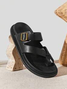SHUZIA #ComfortCraft Men's Buckled Toe-Loop Cross-Strap Soft-Footbed Premium Faux Leather Black Thong Slide Sandals – Supportive, Minimal & Versatile - Black - View 4