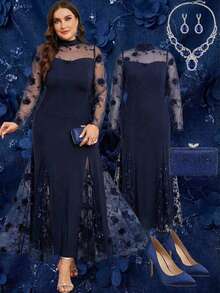 SHEIN Clasi 大码女式优雅花卉装饰网纱拼接高领长袖连衣裙 - 藏蓝色 - 查看 12