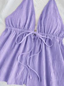 SHEIN PETITE CURVE 休闲V领系带露背纹理面料红色背心 - 紫色 - 查看 6