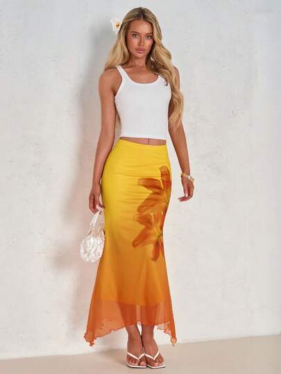 Glamine Women's Asymmetric Hem Floral Print Mesh Skirt, Fashionable For Summer Vacation