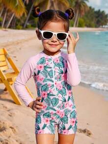 Young Girl Tropical Plant Print Raglan Sleeve One-Piece Swimsuit With Shorts - Pink - View 2