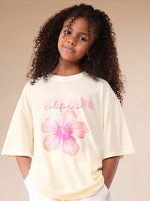 SUMWON 少女印花T恤阔腿裤套装，加州芙蓉花印花，夏季度假两件套休闲女童装 - 黃色 - 查看 3