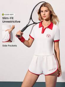 Gameset SHEIN Sport 女士网球拍印花 Polo 衫和短裤运动套装 - 彩色 - 查看 3