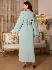 Elenzga Women's Loose V-Neck Ruffle Hem Long Sleeve Belted Robe, Turkish Abaya, Arabic Style Robe - Green - View 2