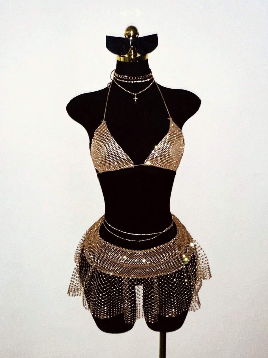 SHEIN Jeanoir 女士性感迷你裙，渔网面料镶嵌水钻，闪亮夺目，适合派对装扮 - 香檳色 - 查看 1