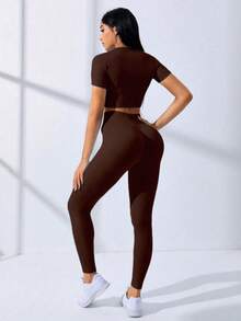 SHEIN Core Rhythm Seamless Women High Waist Sports Set, Short Sleeve Top And Pants Women S Athletic Sets Workout Rompers Jumpsuits Workout Clothes Women Women Plus Activewear Sets Women Clothing Athletic - Coffee Brown - View 4