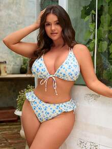 Swim Mod Ensemble de bikini sexy à imprimé floral avec attache à la nuque pour femmes grandes tailles, pour la plage d'été - Multicolore - Voir 5