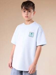 SUMWON Oversized Boys Printed Patch T-Shirt With Crew Neck Short Sleeves Summer Casual Tee - Baby Blue - View 5