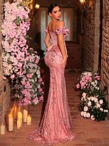 Glamrae Elegant Luxurious Beaded,Sequin & Embroidered One-Shoulder Mermaid Dress With 3D Floral Sleeves,Suitable For Bridal,Mother Of The Bride Formal Gowns - Dusty Pink - View 3