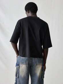 SWAVVY 男士针织休闲宽松短袖T恤，印有英文图案，日常穿着，短款宽松印花T恤，男士宽松印花T恤，男士宽松短款印花衬衫，男士标语印花落肩短款T恤，男士宽松短款T恤 - 黑色 - 查看 2