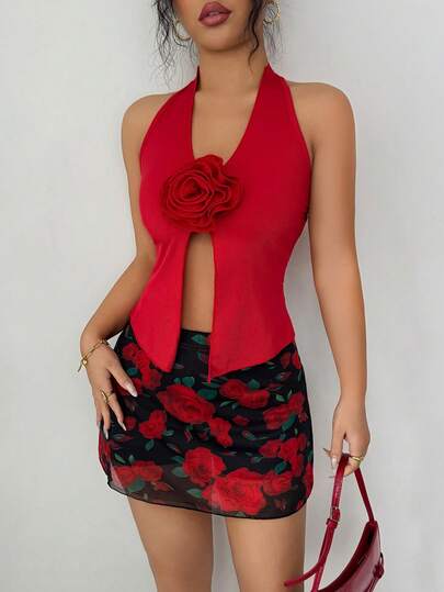 SHEIN Raffinéa 2pcs/Set Women's High Stretch Knit Mesh Patchwork 3D Floral Rose Pattern Fitted Deep V-Neck Backless Bow Tie Waist A-Line Mini Dress, Sexy Chic Y2K Minimalist Elegant Romantic Spring/Summer