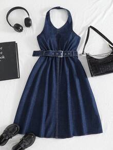 SHEIN Vestido Denim Sem Costas com Alça de Amarrar para Meninas Pré-Adolescentes/Adolescentes, Vestido de Férias, Vestido Casual, Estilo Retrô, Roupa de Balada, Streetwear, Vestido para Chá da Tarde, Estilo Y2K, Roupa de Férias, Roupa de Aeroporto, Mini Saia Denim, Volta às Aulas, Estilo Vintage. Vestido de Verão, Saia Denim/Vestido Denim/Saia Denim - Azul - Visão 3