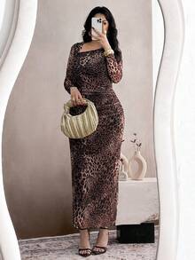 Modelyn Vestido elegante con cuello asimétrico con volantes de malla con estampado de leopardo, adecuado para salidas y citas, talla grande - Multicolor - Ver 9