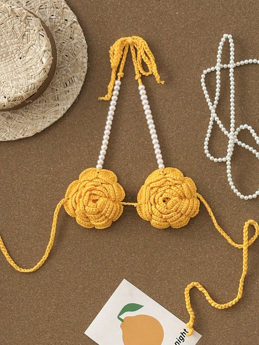 Swim Vcay Women's Summer Vacation Faux Pearl Decor Crochet Floral Halter Cover-Up - Yellow - View 1