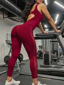 Innovista 网眼拼接镂空露背无袖运动连体衣 - 酒紅色 - 查看 9