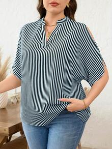 SHEIN Clasi Plus Size Striped Print Notch Collar Casual Short Sleeve Shirt - Baby Blue - View 4