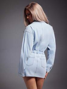Denimoi Gaun Denim Lengan Panjang Kasual Wanita Warna Polos dengan Kancing Depan dan Saku - Baby Blue - View 4