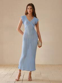 MOTF PREMIUM RUFFLED HEM ELEGANT V-NECK KNIT DRESS, SEXY BACKLESS SLIM FIT DRESS - Blue - View 1